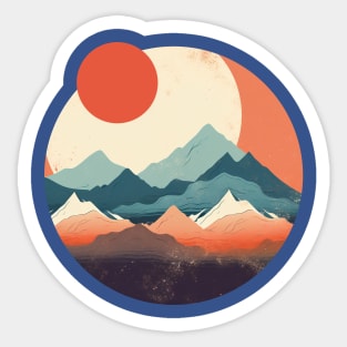 Red Japanese Sun and Moon Flat Style Mountains Sticker